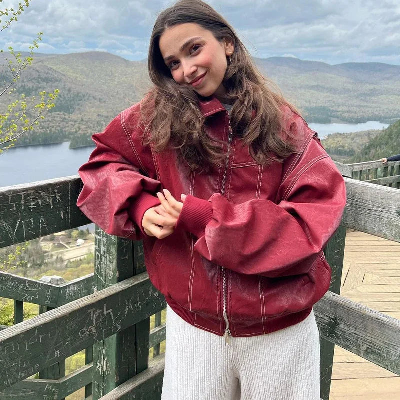 Aiertu  -  Loose Patchwork Leather Jackets Women Fashion Lapel Zipper Pockets Long Sleeve Coats 2026 Autumn New Female Chic Tops Streetwear Aiertu