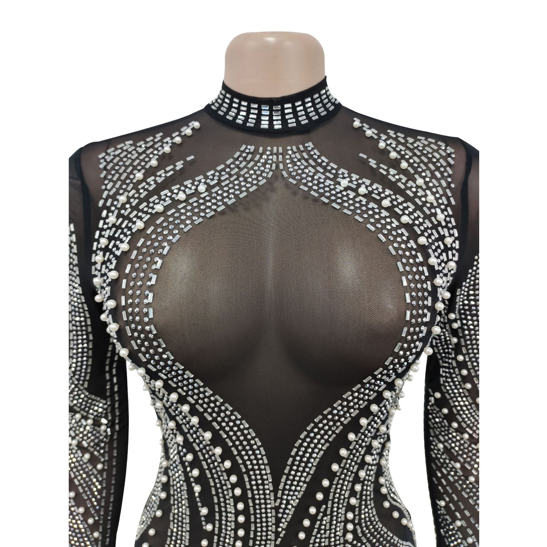 Aiertu  Woman Fashion Sexy Mesh See-through Long Sleeve Feathers Rhinestones Bodycon Party Dresses 2025  Package Hip Mini Nightclub Dress Aiertu