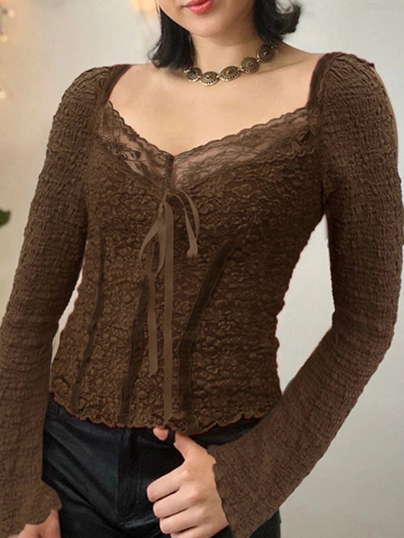 Aiertu  -  layered look inspo Brown Sexy Pleated Long Sleeve T-Shirt for Women Square Neck Semi-see-through Casual Aesthetic Vintage Tops Y2k Clothes Aiertu