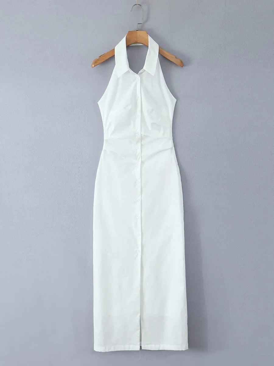 Aiertu  -  White Chic Slim Split Halter Dresses Women Summer Single Breasted Sleeveless Midi Dress 2025 New Elegant Casual Fashion Vestidos Aiertu