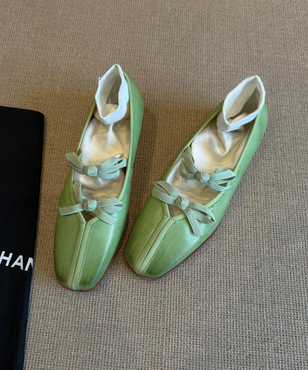 Aiertu  Fine Bow Splicing Comfy Flats Green Sheepskin Aiertu