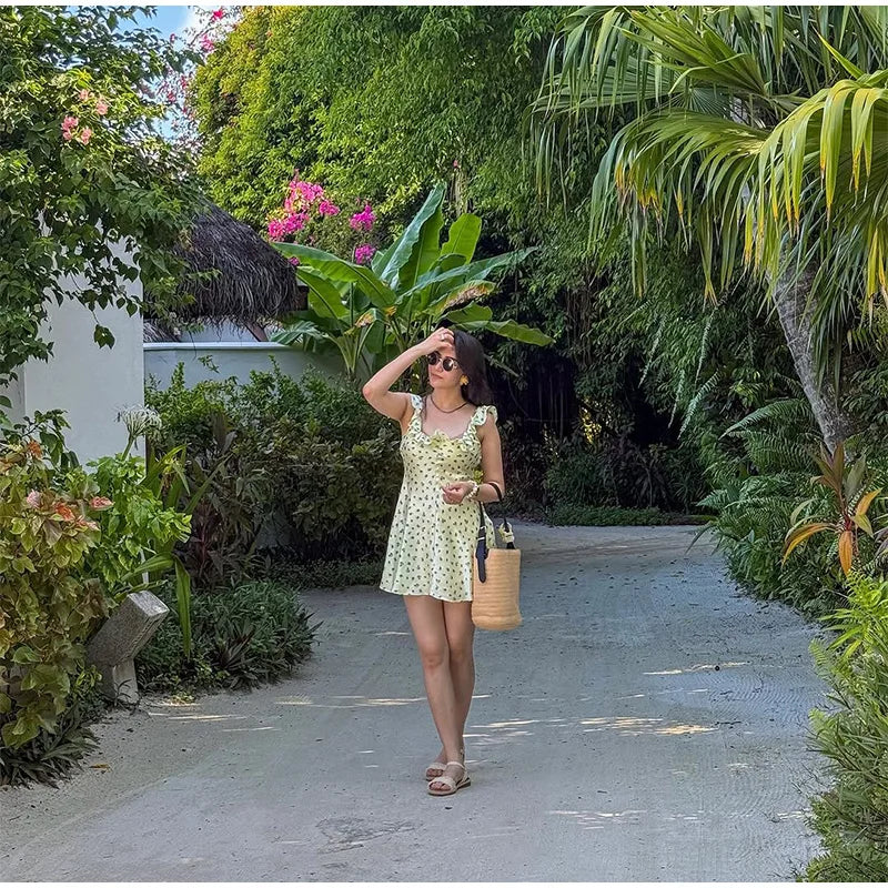 Aiertu  -  Women's Floral Print Mini Dresses 2026 Summer Sleeveless U Neck Ruffled Hem Vacation Outfit Light Green Leaf Elegant Party Dress Aiertu
