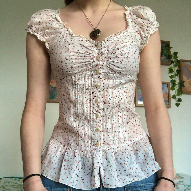Aiertu  -  -Aiertu  -  -  Floral Print Ruched A-line Blouse French Style Single-breasted Short Sleeve Top Chic Slimming Tie-up Collar Shirts Cute Aiertu
