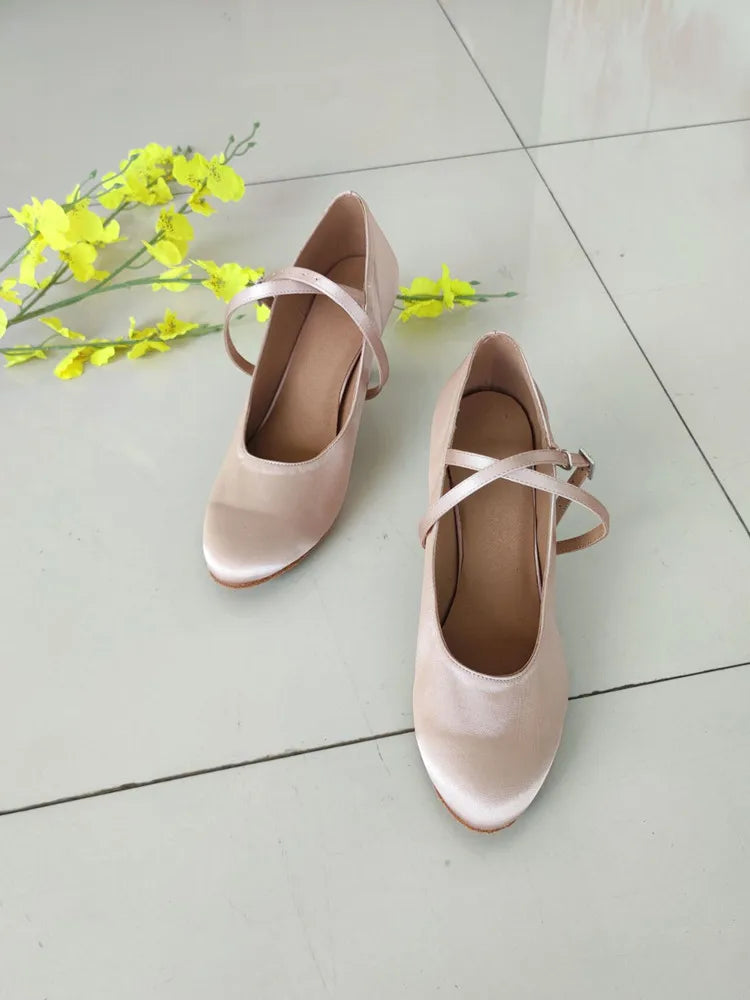 Aiertu  -   Khaki Color Satin With Crystal Comfortable Woman Modern Ballroom Dance Shoes 7.3cm Heel Evkoo018 customize shoe Aiertu