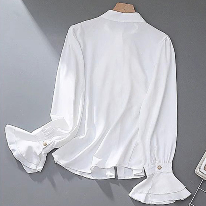 Aiertu Vintage White Shirts Women Elegant Ruffles Flare Long Sleeve Blouses Office Ladies Korean Single Breasted Design Chic Tops Aiertu