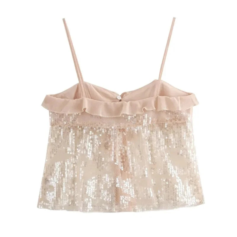 Aiertu  -  Women Chic Ruffles Sequined Design Chiffon Sling Camis 2025 New Lady Backless See Through Short Crop Shirt Blouse Tank Tops Aiertu