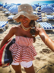 Aiertu  -  Print Red White Checkered Chest Wrap Pleated Fluffy Hem Sleeveless Backless Vacation Versatile Beach Party Trend Tops Aiertu