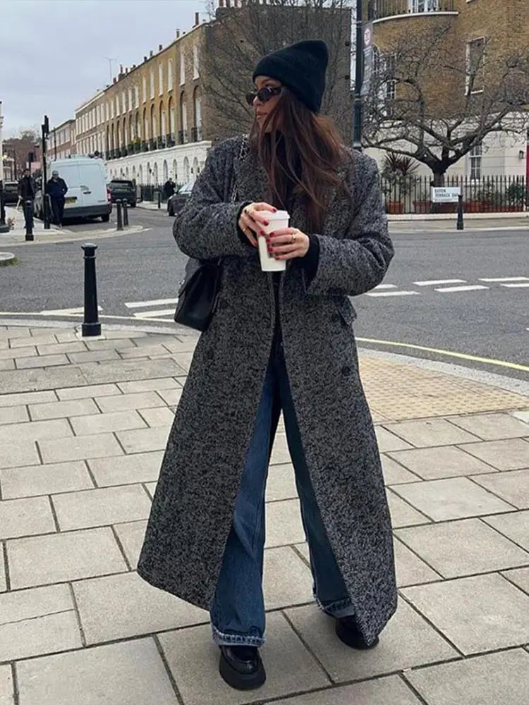 Aiertu  -  Elegant Woolen Solid Women Windbreak Full Sleeve Double Breasted Female Maxi Coat 2026 Autumn Winter Lapel Loose Lady Overcoat Aiertu