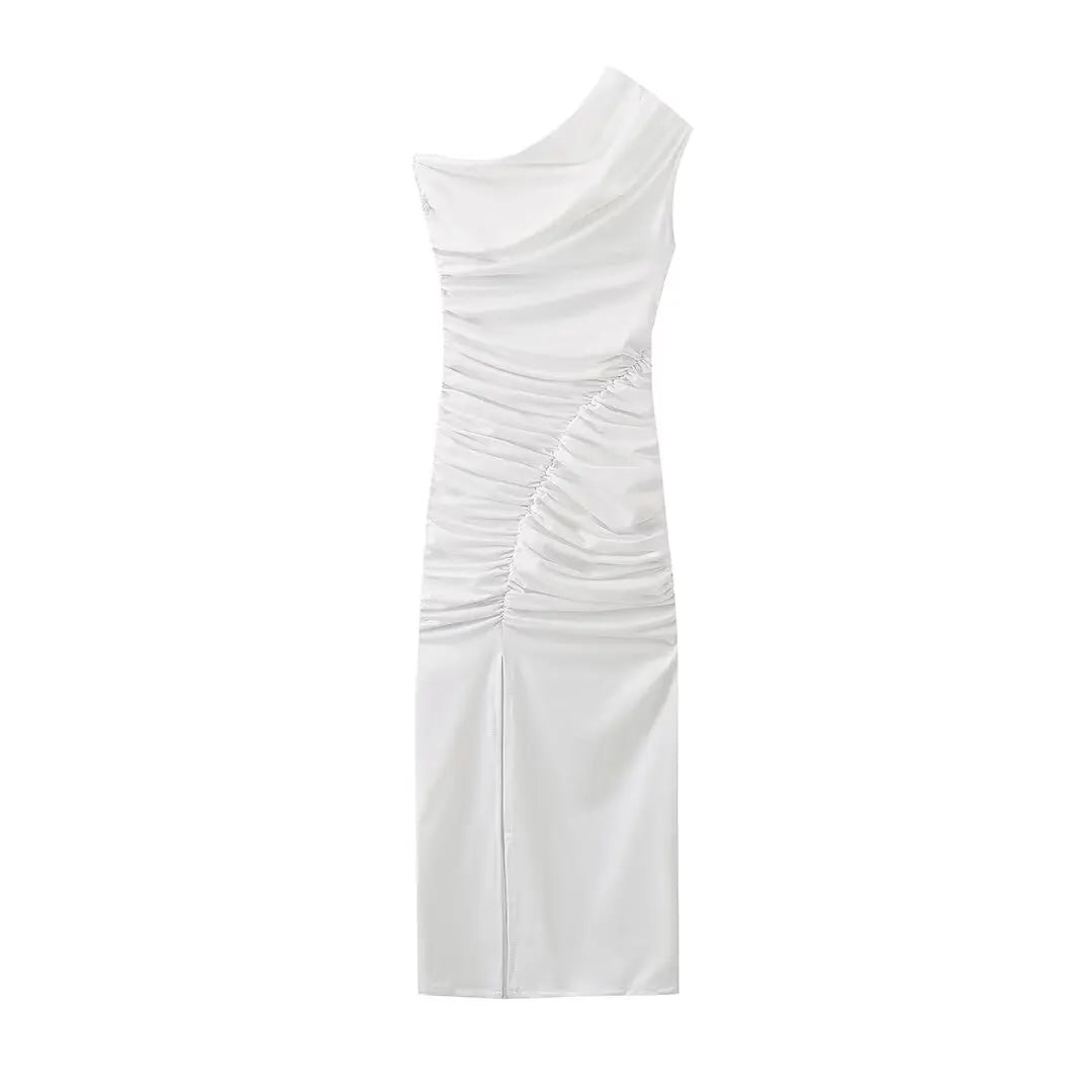 Aiertu  -  French pure desire slanted shoulder stretch slim dress women's summer new front slit sexy pleated long skirt Aiertu