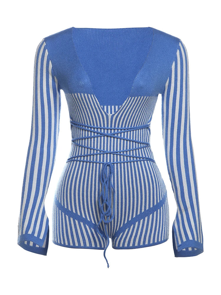Aiertu  -  Low-Neck Crochet Bandage Playsuits Women Contrast Striped Patchwork Long Sleeve Autumn Fit Trend Vacation Skinny Romper Aiertu