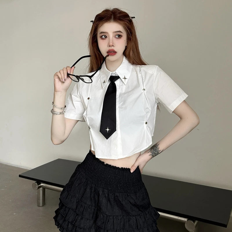 Aiertu Y2K Cropped White Shirts Women Harajuku Tie Short Sleeve Blouses Summer Preppy Korean Aesthetic All Match Crop Tops New Aiertu