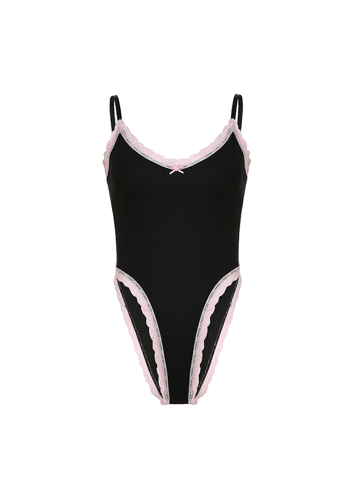 Aiertu - summer inspo Contrast Lace Trim Bow Sleeveless V Neck Skinny Sweet Sexy Black Bodysuit Women Cute Kawaii 2000s Clothes Aiertu