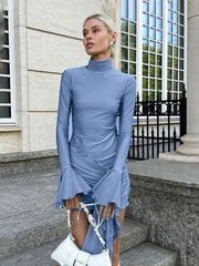 Aiertu  -  Autumn New Flare Sleeve Sexy Bodycon Dress For Women Edible Tree Fungus Irregular Splice Gown Mini Dresses Solid Color Aiertu