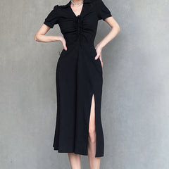 Aiertu - Lace Up Slit Knitted Black Maxi Dress Aiertu