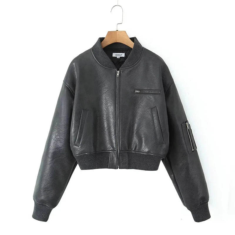 Aiertu  -  Lapel Cotton Leather Jacket Woman Short Retro Zipper Cardigan PU Jacket Solid 2025 Spring New female High Street Outwaer Aiertu