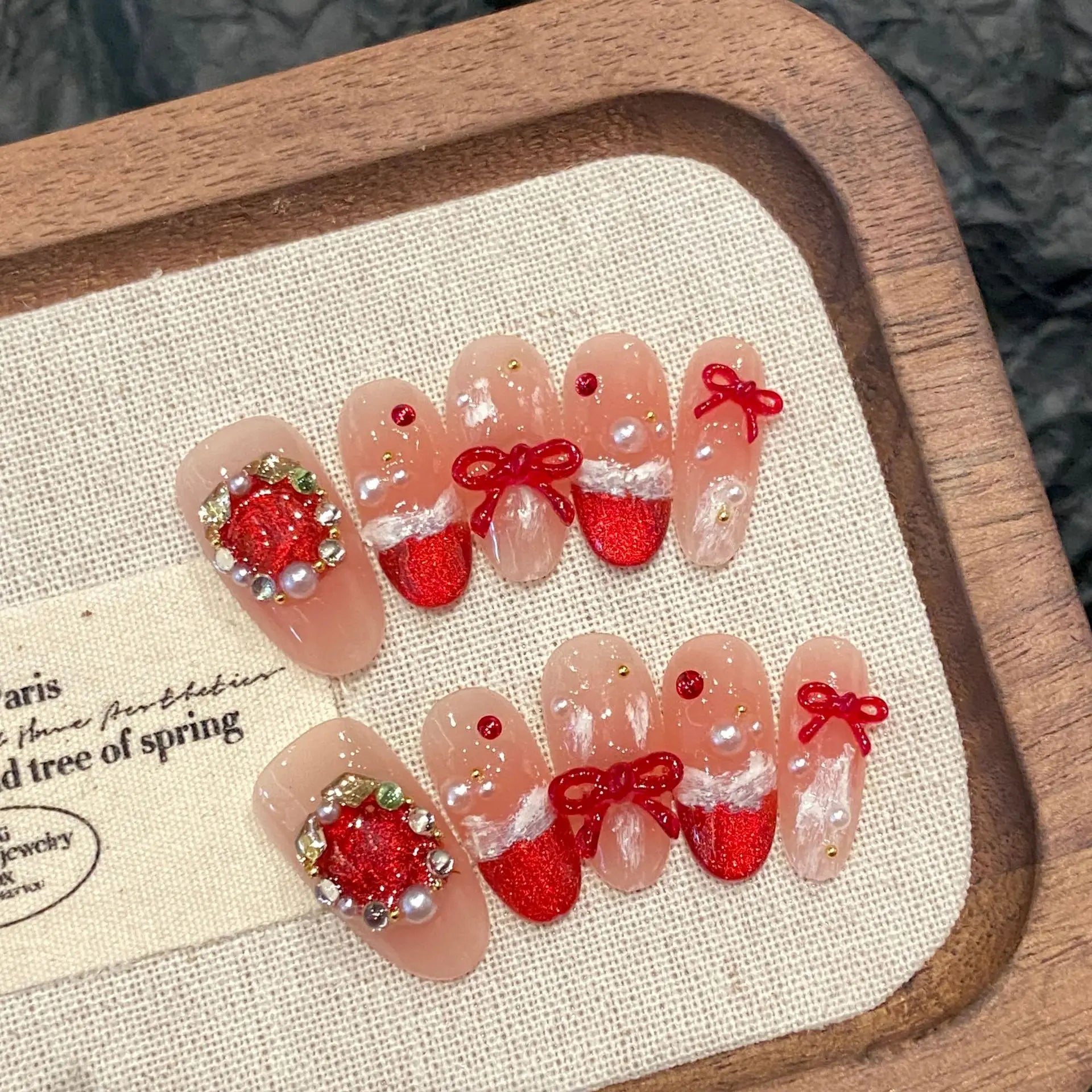 Aiertu 10pcs Blush Pink Fake Nail Patches Handmade Pearl Love Heart Press On Nails Planet Cross Designs Detachable Almond Aiertu