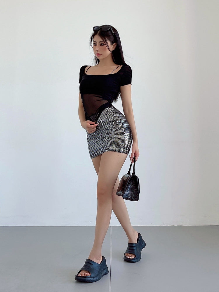 Aiertu Solid Color Sequined Slim High Waist Mini Skirt Aiertu