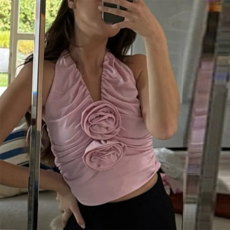 Aiertu  -  Chic 3D Rose Hang Neck Women's Top With Pleats Exposed Back  Navel V-neck Short Vest 2026 Summer Fashion Holiday Female's Tops Aiertu