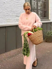 Aiertu  -   Autumn Winter Solid Knitted 2 Piece Set Women O Neck Long Sleeve Sweater+Long Skirts Sets Elegant Fashion Casual Suits 2026 New Aiertu