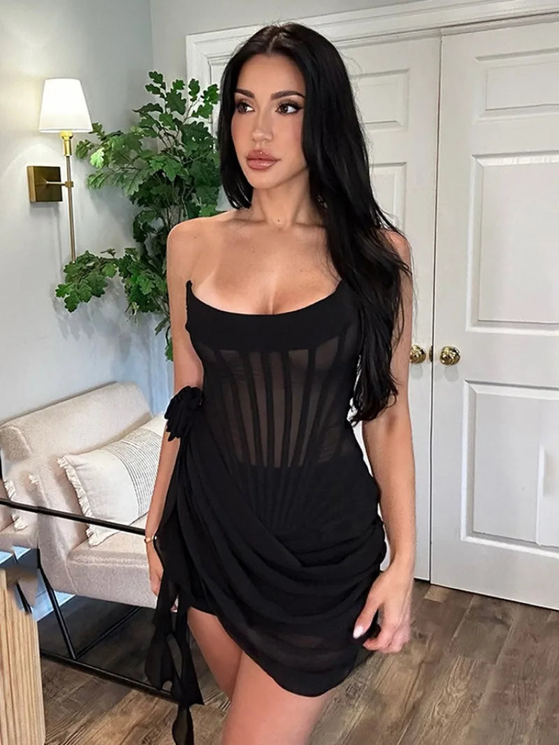 Aiertu  -  Fashion Strapless Flower Bandage Mini Dresses for Women White Black Sexy Female Sleeveless Tunics Lace-up Evening Party Dress Aiertu