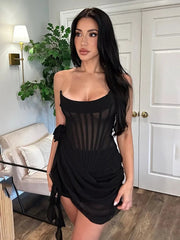 Aiertu  -  Fashion Strapless Flower Bandage Mini Dresses for Women White Black Sexy Female Sleeveless Tunics Lace-up Evening Party Dress Aiertu