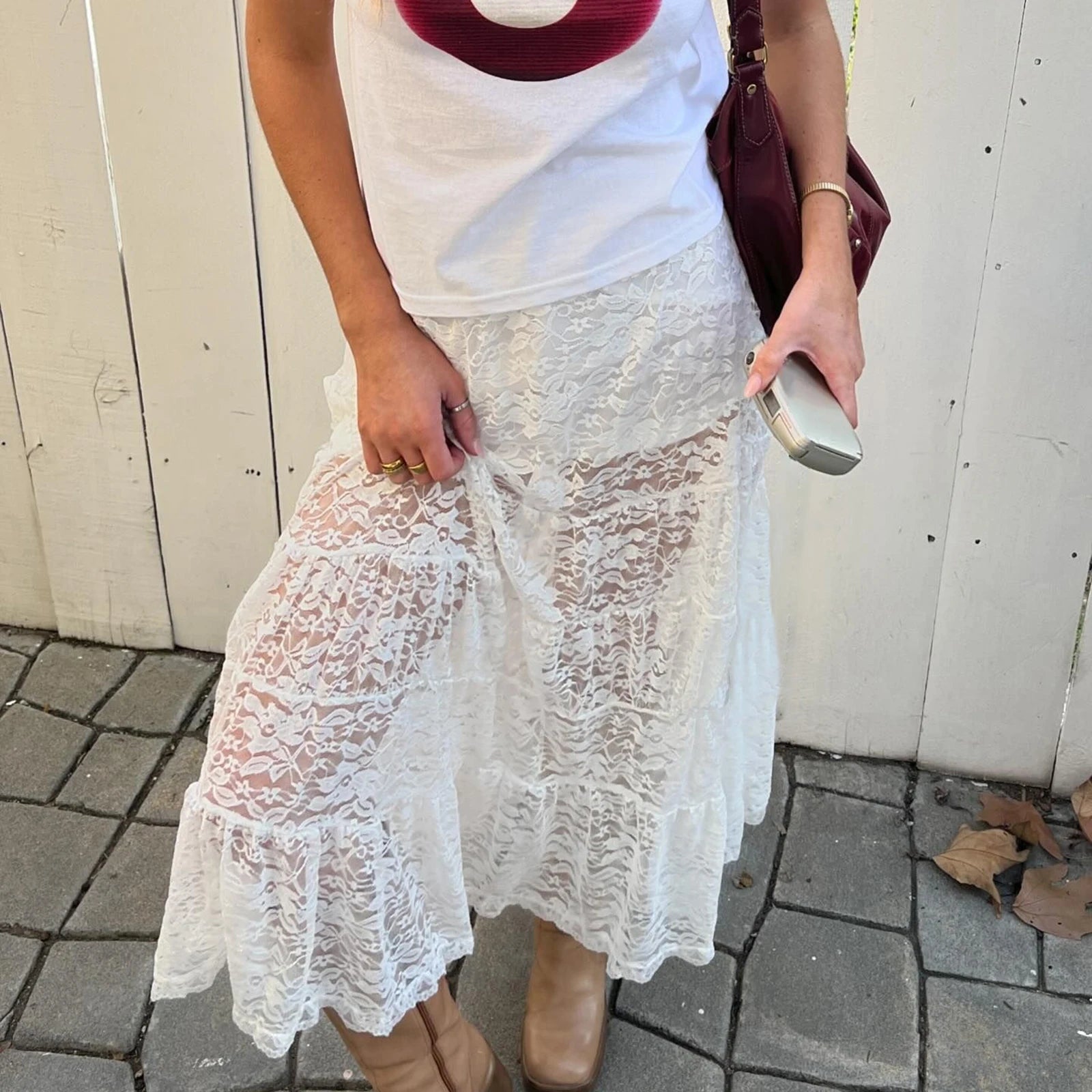 Aiertu  -  Summer Sexy Solid Color Lace Skirt Elastic Waist Mesh Sheer A-Line Long Skirts with Lined for Women Aiertu