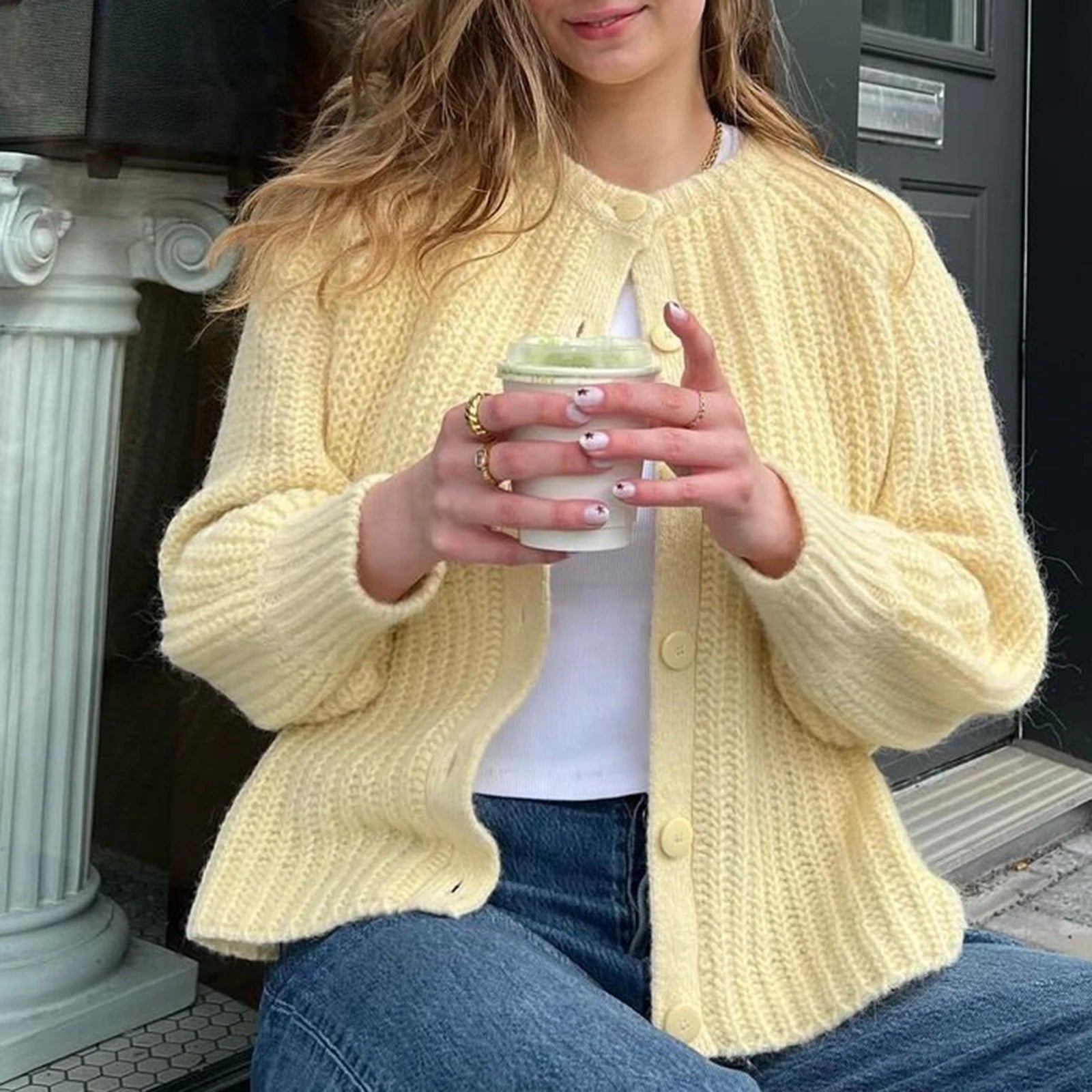Aiertu  -  Women Chunky Knit Cardigan Y2k Long Latern Sleeve Crew Neck Button Up Open Front Cable Knitted Crop Sweater Jackets Aiertu