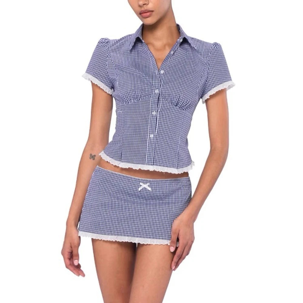 Aiertu    -  Solid Two Peice Set for Women Lapel Short Sleeve Shirt Low Waist Spliced Fungus Edge Mini Skirt Sweet Suit Female Aiertu