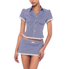 Aiertu    -  Solid Two Peice Set for Women Lapel Short Sleeve Shirt Low Waist Spliced Fungus Edge Mini Skirt Sweet Suit Female Aiertu