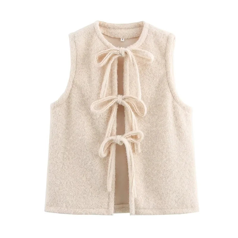Aiertu  -  Bow Tied Vests Women Round Neck Short Casual Sleeveless Vest Jacket Woman Waistcoat Streetwear New Women Outerwear 2025 Spring Aiertu
