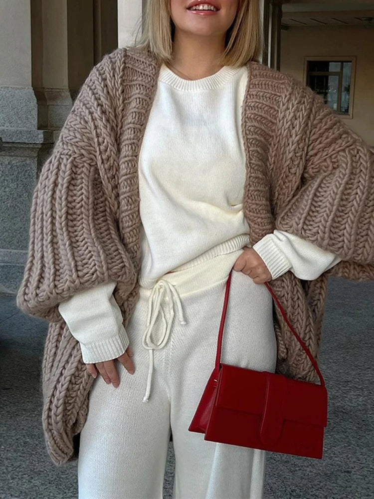 Aiertu  -  Long Lantern Sleeves Solid Women Cardigans Knitted Loose V Neck Lady Sweater 2024 Vintage Autumn Winter Female Warm Streetwear Aiertu