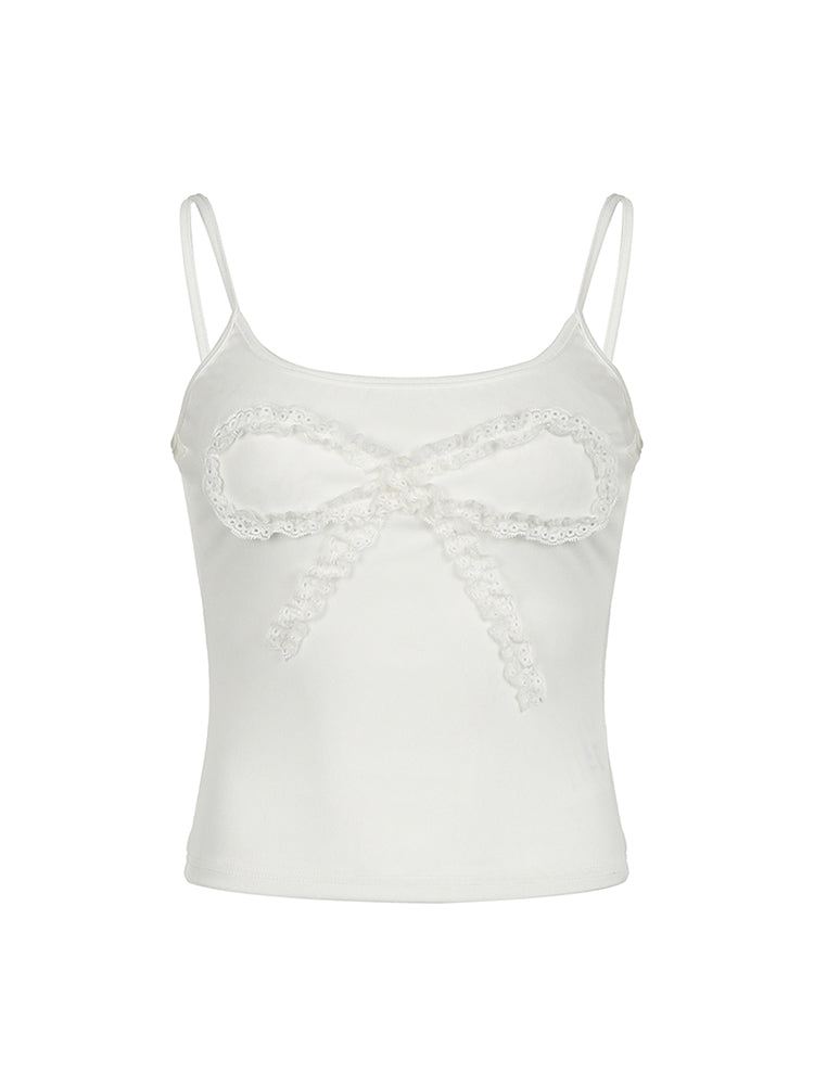 Aiertu - summer inspo Hot Lace Bow Patches White Basic Cute Y2K Camisole Sleeveless Slim Women Crop Top Simple Casual Tank Vest Aiertu