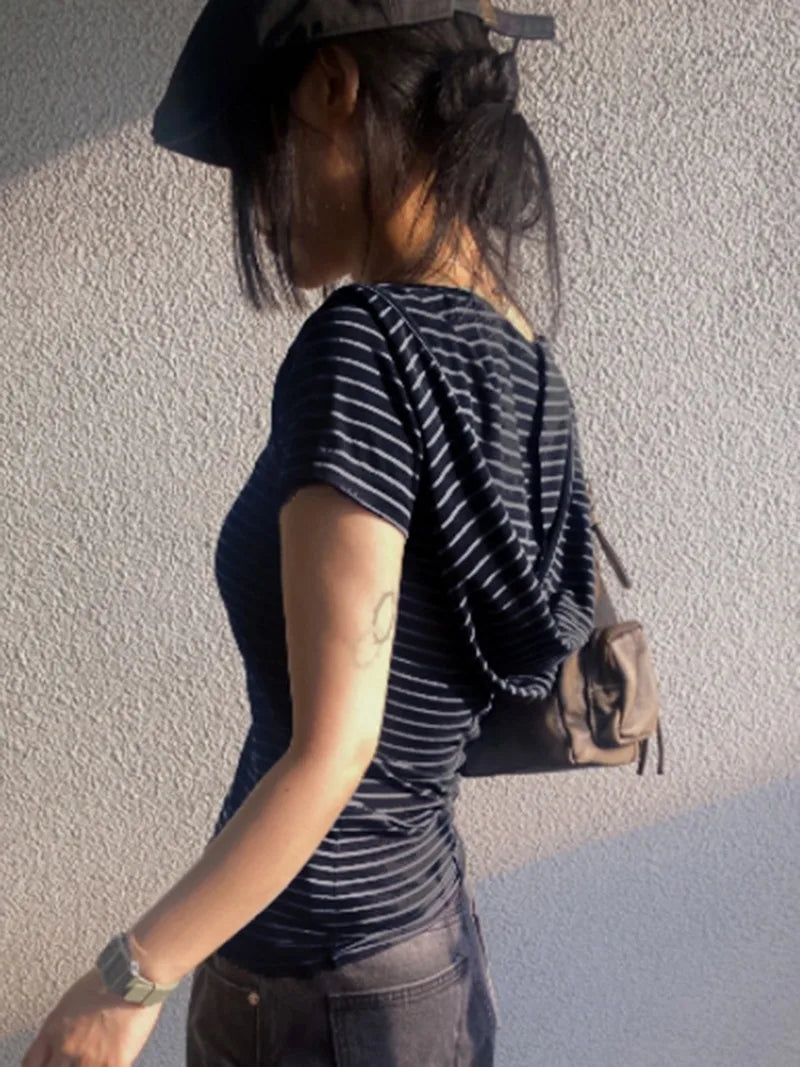 Aiertu  -  Striped T Shirts Woman Japanese 2000s Style Y2k Hooded Short Sleeve Summer Tops Shoujo Girl Aesthetic P67-BD18 Aiertu