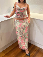 Aiertu  -  Lace Leopard Splice Women 2 Piece Set Hipster Print Summer Vacation Matching Outfits New Low Neck Camisoles+Maxi Skirts Aiertu