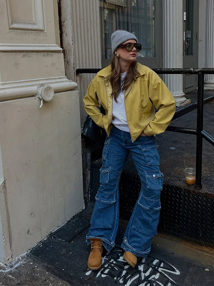 Aiertu  -  Zipper Lapel PU Leather Jacket Coat Vintage Pocket Cargo Jackets Baggy Women Short Outwear Top Lemon Yellow Overcoat Streetwear Aiertu