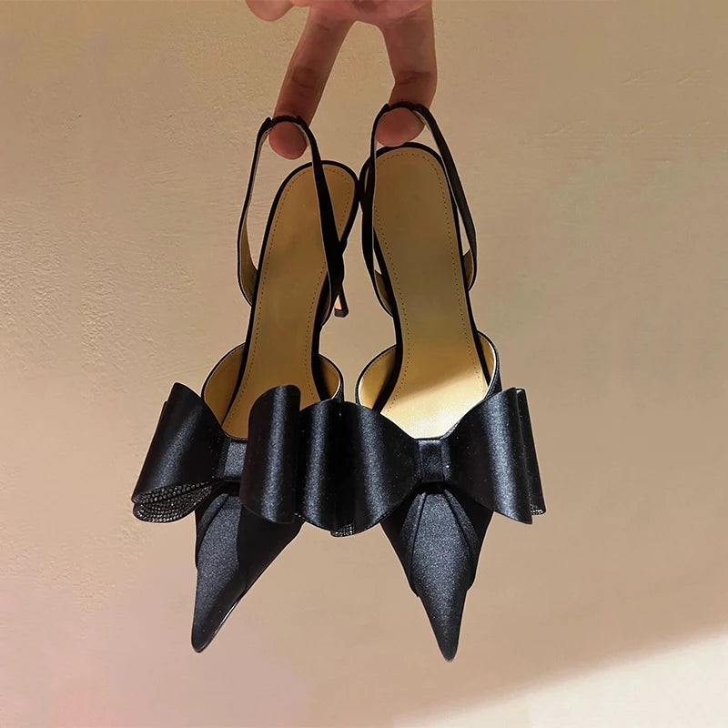 Aiertu  -  Bow Satin Stilettos New Women Point Toe Thin High Heel Slingbacks Elegant Sweet Pumps Sandals Shoes For Woman Aiertu