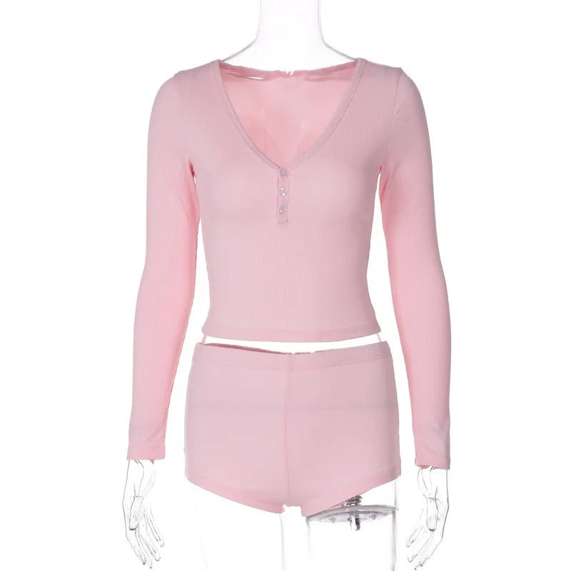 Aiertu  -  Homewear Two Piece Outfits for Woman Spring Summer Long Sleeve Button Crop T-shirt+Elastic Waist Mini Shorts Casual Suits Aiertu