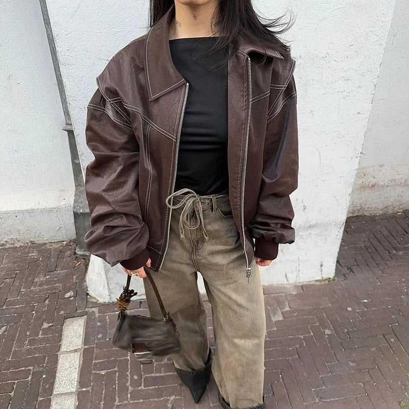 Aiertu  -  Loose Patchwork Leather Jackets Women Fashion Lapel Zipper Pockets Long Sleeve Coats 2026 Autumn New Female Chic Tops Streetwear Aiertu