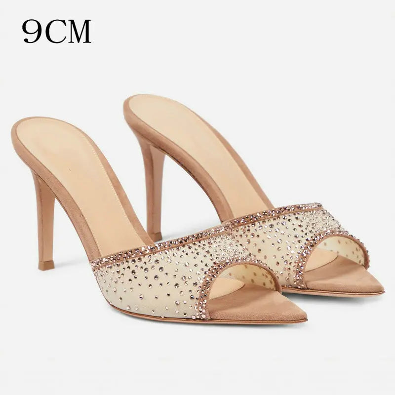 Aiertu  -  European Style Fashion Stiletto Rhinester High-heeled Slippers Pointed Open-toed Slip-on Slides Aiertu