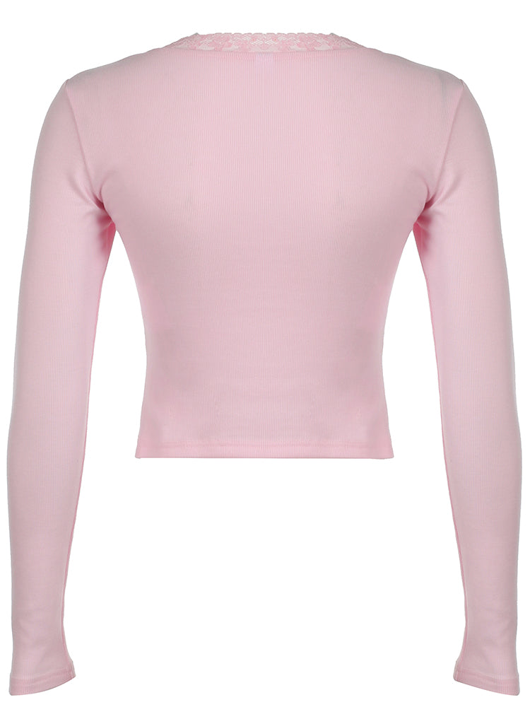 Aiertu - summer inspo Hot Japanese Kawaii Pink Sweet Bow Long Sleeve Tee Front Ruched Bust Lace Trim Square Collar Slim Balletcore Women T Shirt Aiertu