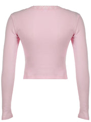 Aiertu - summer inspo Hot Japanese Kawaii Pink Sweet Bow Long Sleeve Tee Front Ruched Bust Lace Trim Square Collar Slim Balletcore Women T Shirt Aiertu