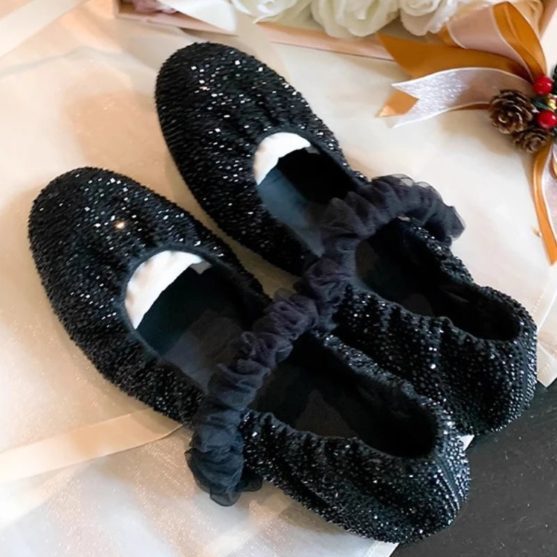 Aiertu  -   Shiny Sequin Ballet Flats Shoes Women Elastic Band Elegant Bling Black Mary Janes Shoes Sping Autumn Party Club Loafers 2025 Aiertu