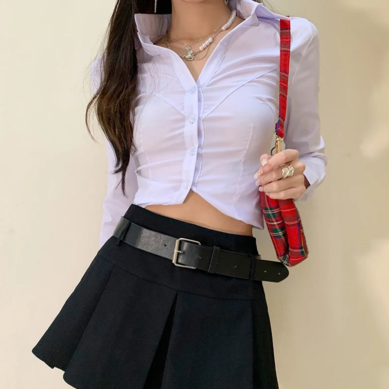Aiertu 2025 spring fashion trend Y2k White Women Crop Shirts Korean Sexy Slim Long Sleeve Female Casual Blouse Autumn New Office All Match Button Ladies Tops Aiertu