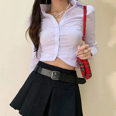 Aiertu 2025 spring fashion trend Y2k White Women Crop Shirts Korean Sexy Slim Long Sleeve Female Casual Blouse Autumn New Office All Match Button Ladies Tops Aiertu