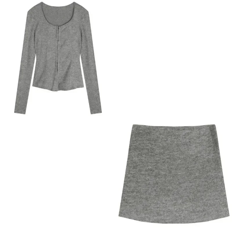 Aiertu 2025 spring fashion trend Autumn New Grey Casual Knitted Suits Sexy 2 Piece Skirt Set Woman Elegant Y2k Crop Tops + High Waist Slim Mini Skirt Korean Aiertu