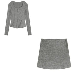 Aiertu 2025 spring fashion trend Autumn New Grey Casual Knitted Suits Sexy 2 Piece Skirt Set Woman Elegant Y2k Crop Tops + High Waist Slim Mini Skirt Korean Aiertu