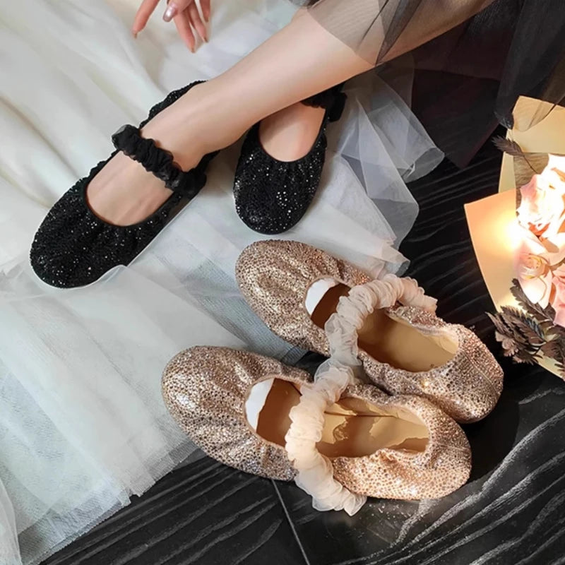 Aiertu  -   Shiny Sequin Ballet Flats Shoes Women Elastic Band Elegant Bling Black Mary Janes Shoes Sping Autumn Party Club Loafers 2025 Aiertu