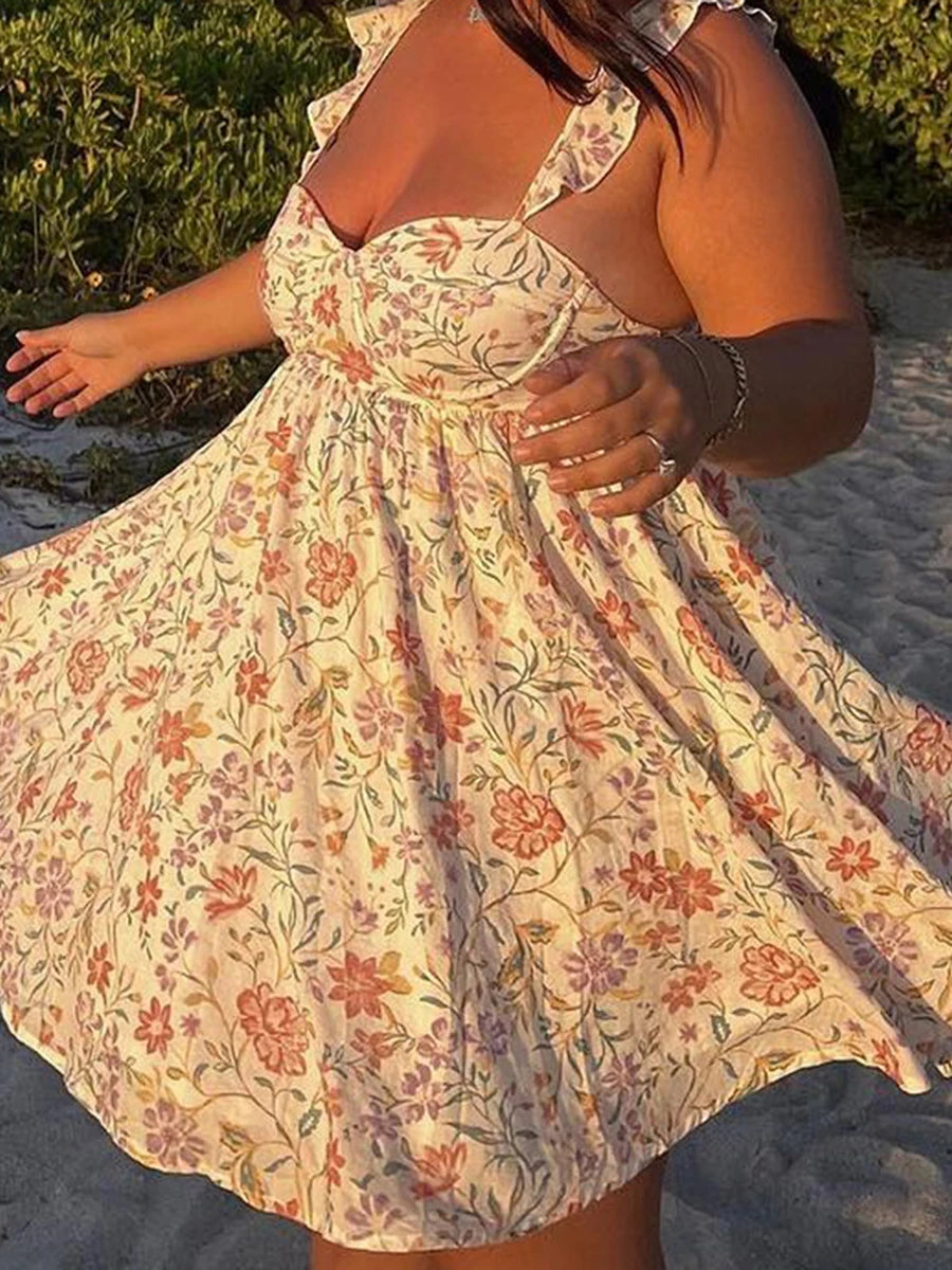 Aiertu  -  Women V-Neck Maxi Dress Sleeveless Ruffle Floral Print Boho Beach Dress Summer Casual Long Dress with Pockets Aiertu