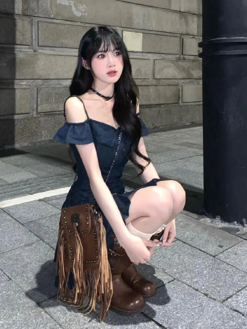 Aiertu  -  Sweet Hot Girl Retro Off Shoulder Denim Dress for Women's Summer Casual Slim Fit A-line Short Strap Dress Fashion Female Clothes Aiertu