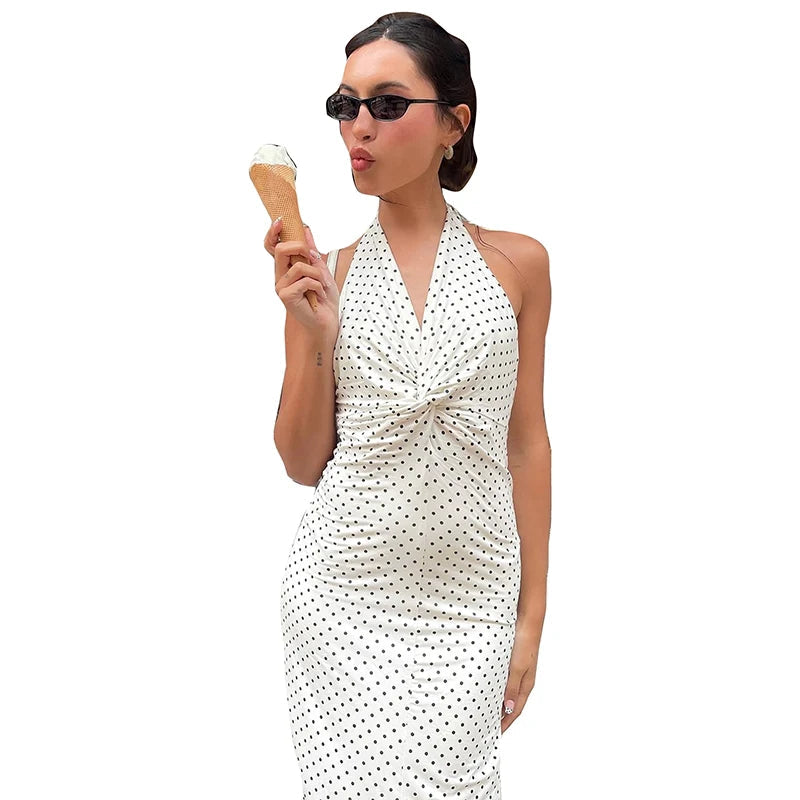 Aiertu  -  Summer Polka Dot Print Maxi Dress Women Bandage Halter v-Neck Backless Sleeveless Kink Folds Temperament Street Vestidos Aiertu